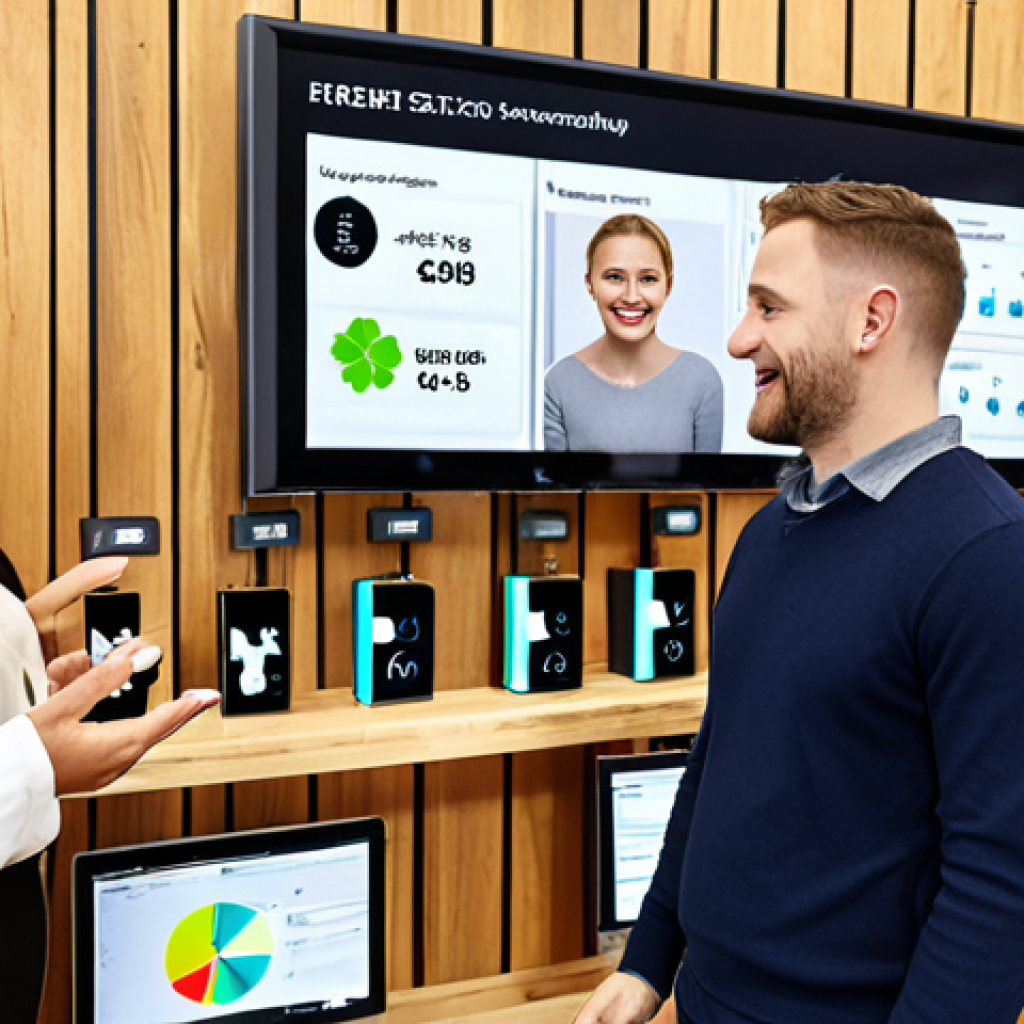 **Image Prompt:** A diverse group of customers interacting with personalized products and services in a modern, sustainable shop environment. Focus on the use of data analytics displayed on screens and happy customers engaging with staff. ESG investments, transparent product sourcing, and responsible choices highlighted. Focus on the Polish customer base.