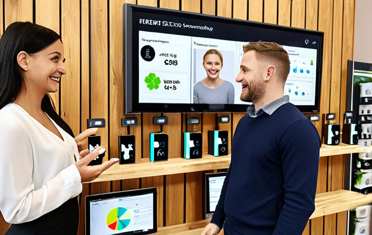 **Image Prompt:** A diverse group of customers interacting with personalized products and services in a modern, sustainable shop environment. Focus on the use of data analytics displayed on screens and happy customers engaging with staff. ESG investments, transparent product sourcing, and responsible choices highlighted. Focus on the Polish customer base.