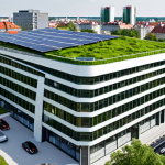 **A modern office building with a green roof and solar panels in Warsaw, Poland, showcasing sustainable architecture and ESG principles, with people working inside.** (Focuses on real estate sector ESG)