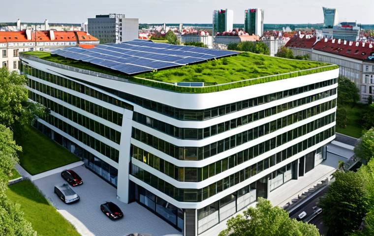 **A modern office building with a green roof and solar panels in Warsaw, Poland, showcasing sustainable architecture and ESG principles, with people working inside.** (Focuses on real estate sector ESG)